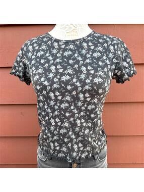 SO Black Floral Ribbed Baby Tee Y2K Whimsigoth Indie Sleaze Coquette